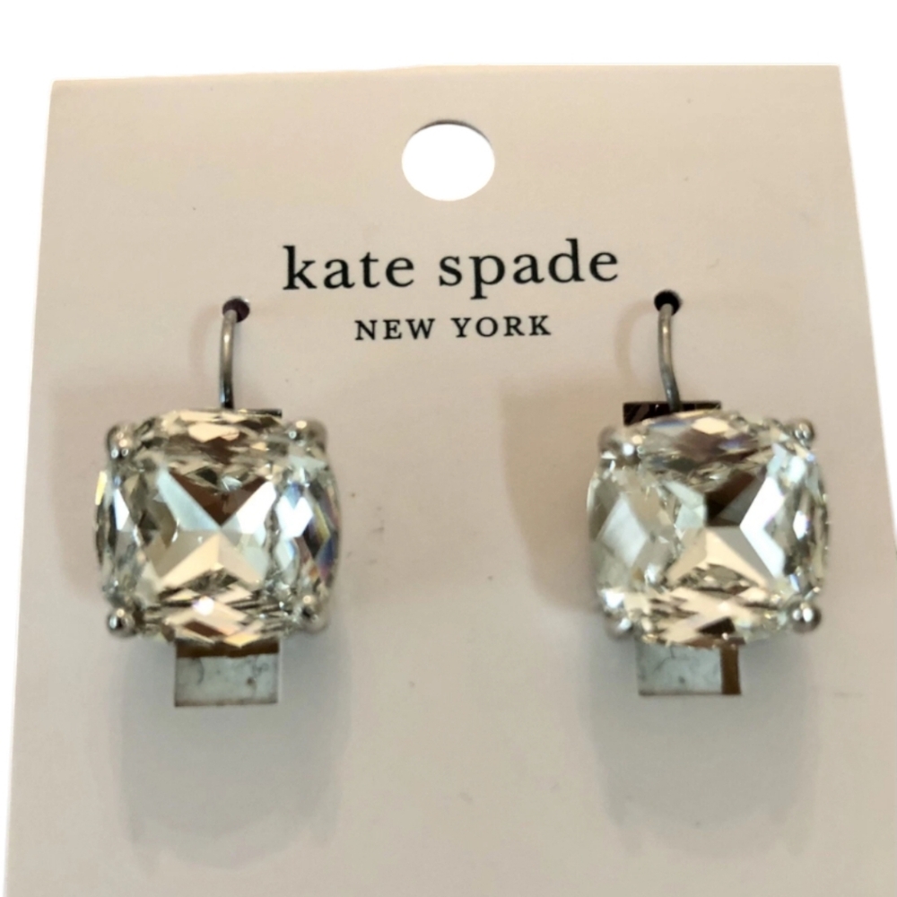 New Nwt Kate Spade Clear Crystal Sqear Drops Silver Earrings
